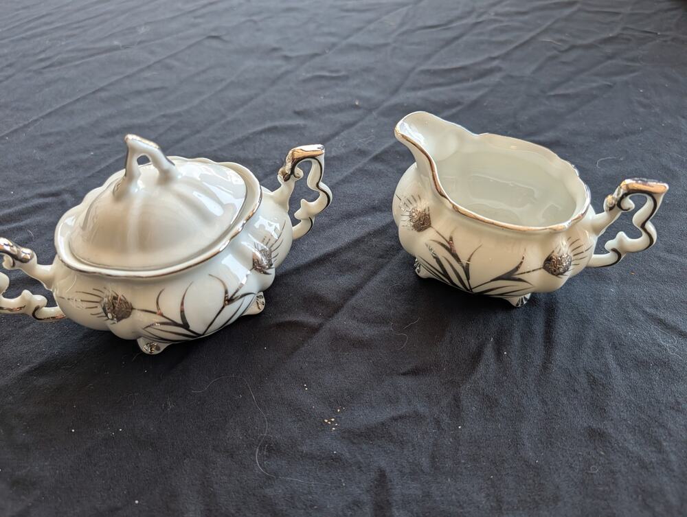 Vintage Lefton China Silver Wheat Sugar Bowl & Creamer Set Hand Painted Japan